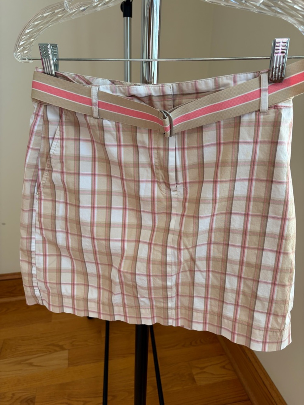 Izod Pink and Tan Plaid Mini Skirt with Striped Belt